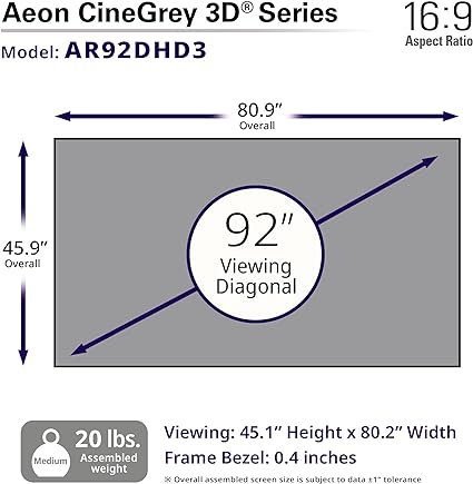 Elite AR92DHD3 Edge Free Ambient Light Rejecting Fixed Frame Projection Projector Screen,Aeon CineGrey 3D Series, 92-inch 16:9