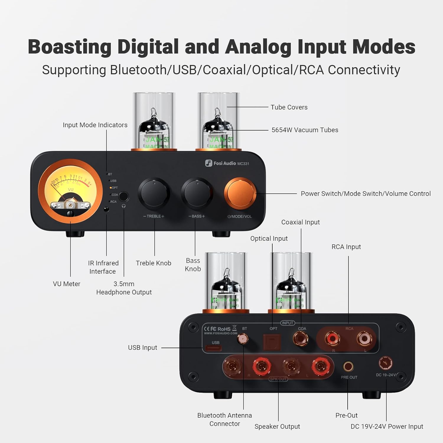 Fosi Audio MC331 Bluetooth 2.1 Channel Hybrid Tube Amplifier with VU Meter, Subwoofer Output, and Compact Hi-Fi Performance - Audiomaxx India
