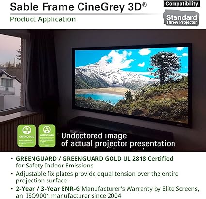 Elite ER100DHD3 Ceiling and ALR Fixed Frame Projector Screen Sable Frame CineGrey 3D, 100" Diagonal
