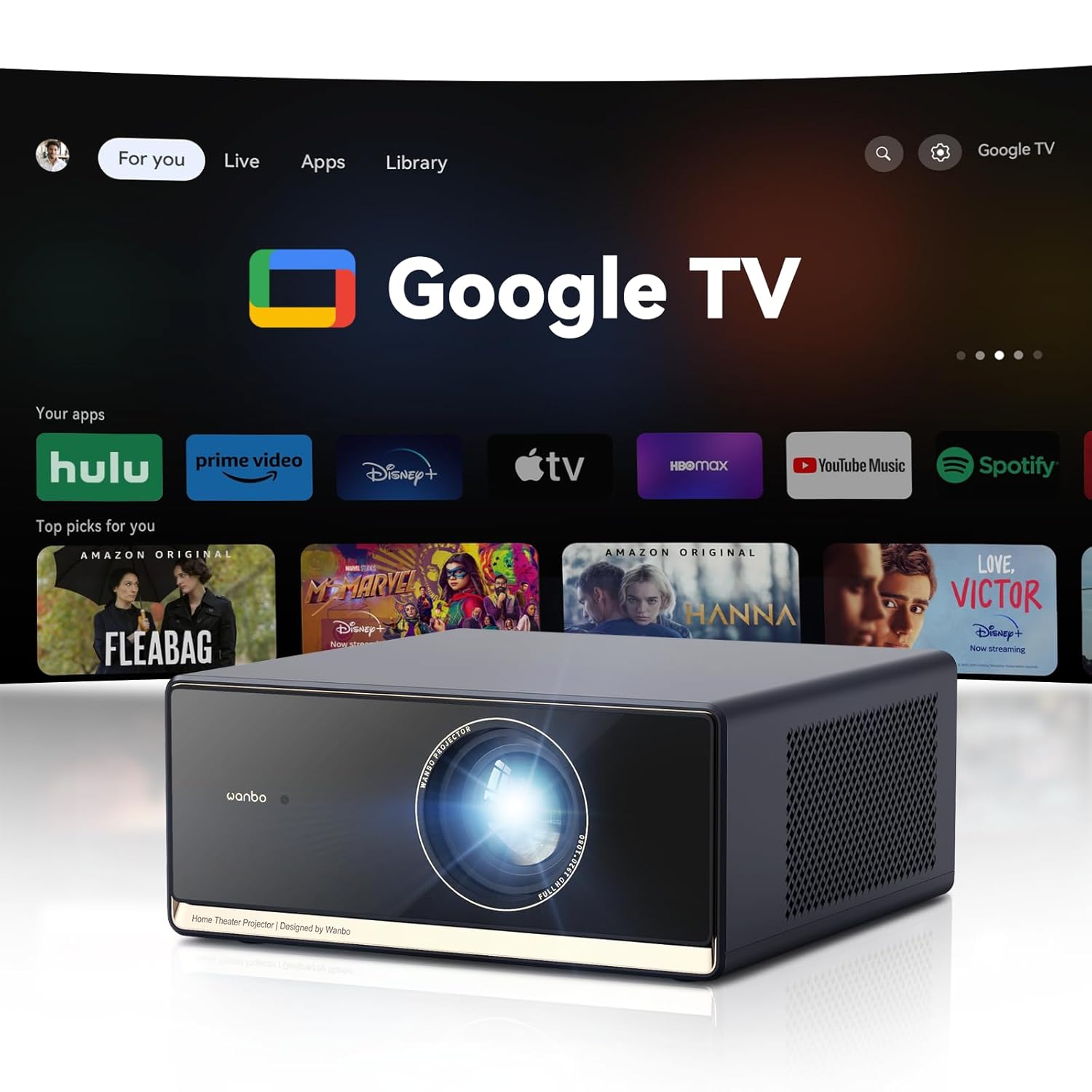 Wanbo X5 Pro Smart LCD Projector – Native 1080p, 1100 ANSI Lumens ,Google TV ,HDR10 ,Auto Setup (ASA 3.0)