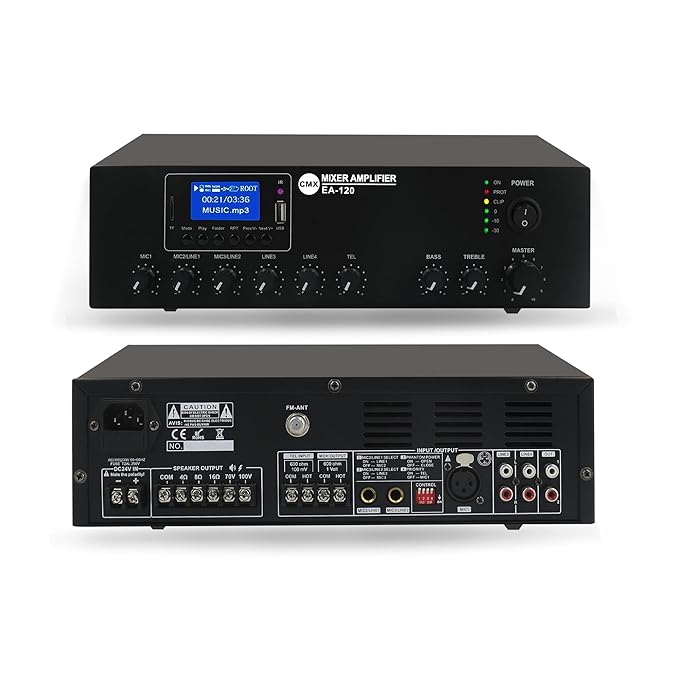 CMX EA-120 Professional 120W Tabletop Mixer Amplifier with USB Playback, Bluetooth Wireless Streaming, FM Radio, 3 MIC Inputs, 2 AUX Inputs & 70V/100V/4–16Ω Output