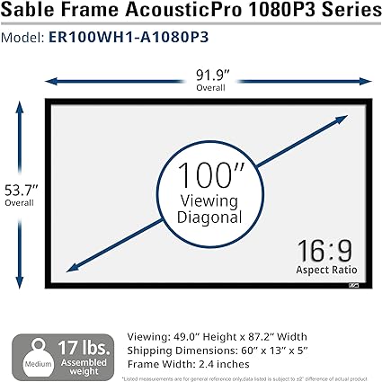 Elite ER100WH1 - 100 Inches Sable Frame B2 Series 3D 4K/8K UHD Fixed Frame Projection Screen - CineWhite