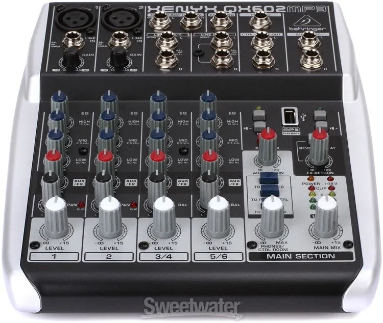 Behringer Xenyx QX602MP3 Premium 6-Input 2-Bus Mixer with XENYX Mic Preamps, British EQ, MP3 Player and Multi-FX