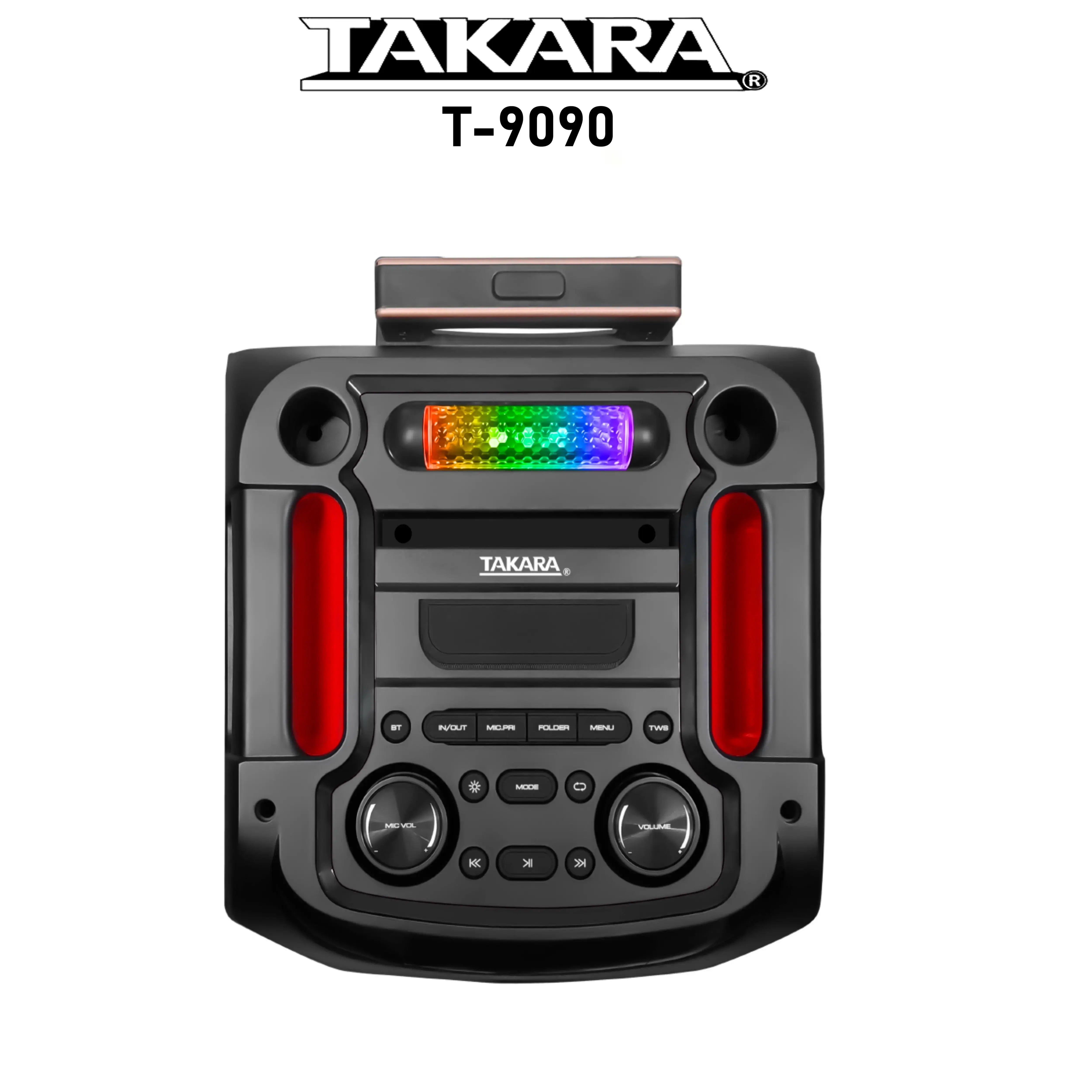 TAKARA T9090 Karaoke Party Portable Trolley Speaker with 2 Wireless Mic and Rechargeable Battery Multimedia BT, Karaoke with Audio Recording, USB, SD,FM PA System