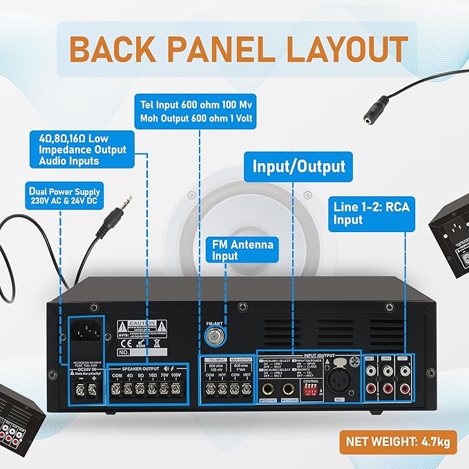 CMX EA-120 Professional 120W Tabletop Mixer Amplifier with USB Playback, Bluetooth Wireless Streaming, FM Radio, 3 MIC Inputs, 2 AUX Inputs & 70V/100V/4–16Ω Output - Audiomaxx India