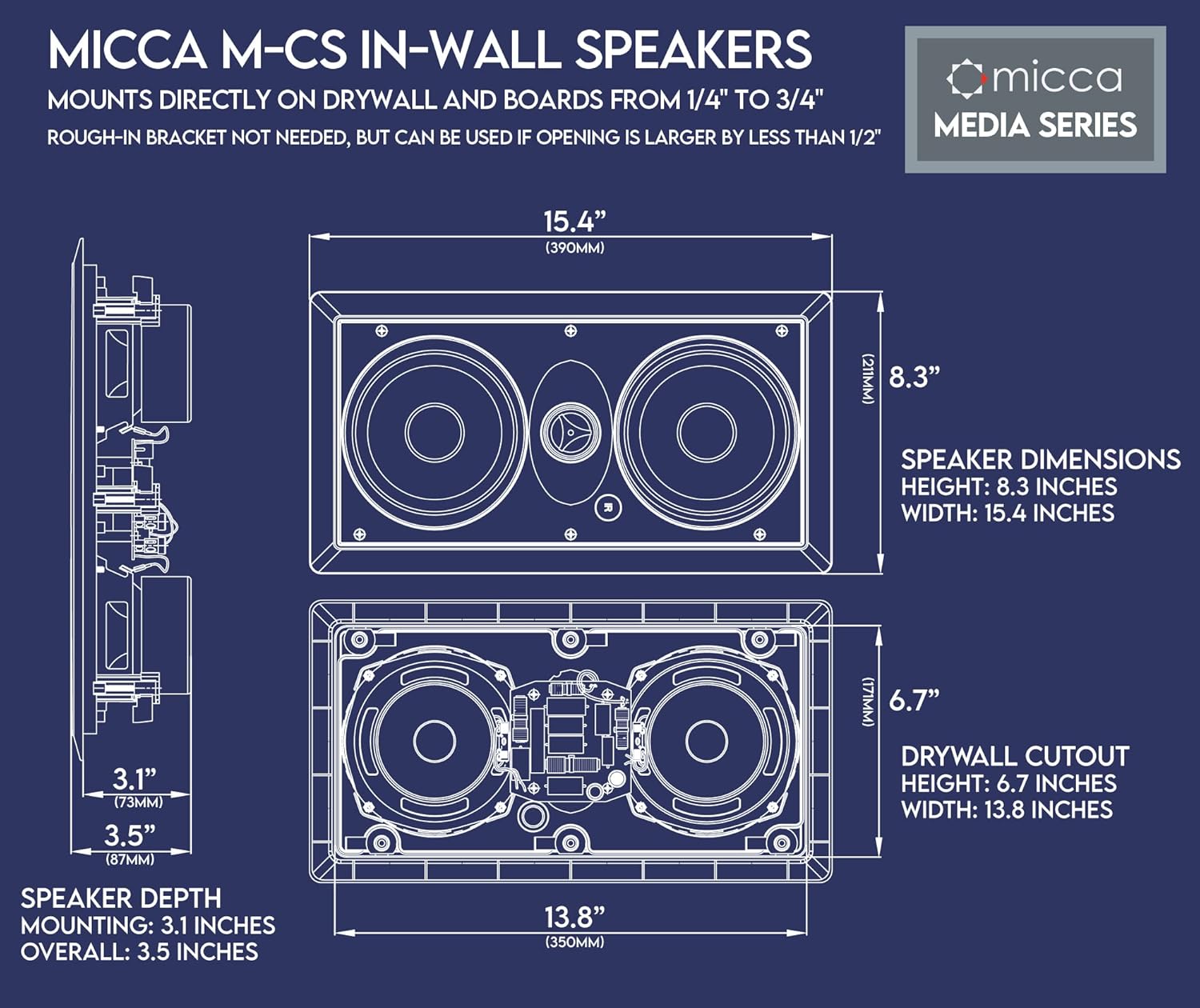 Micca M-CS Dual 5.25 " 2-Way MTM In-Wall Speakers with Pivoting 1" Silk Dome Tweeter