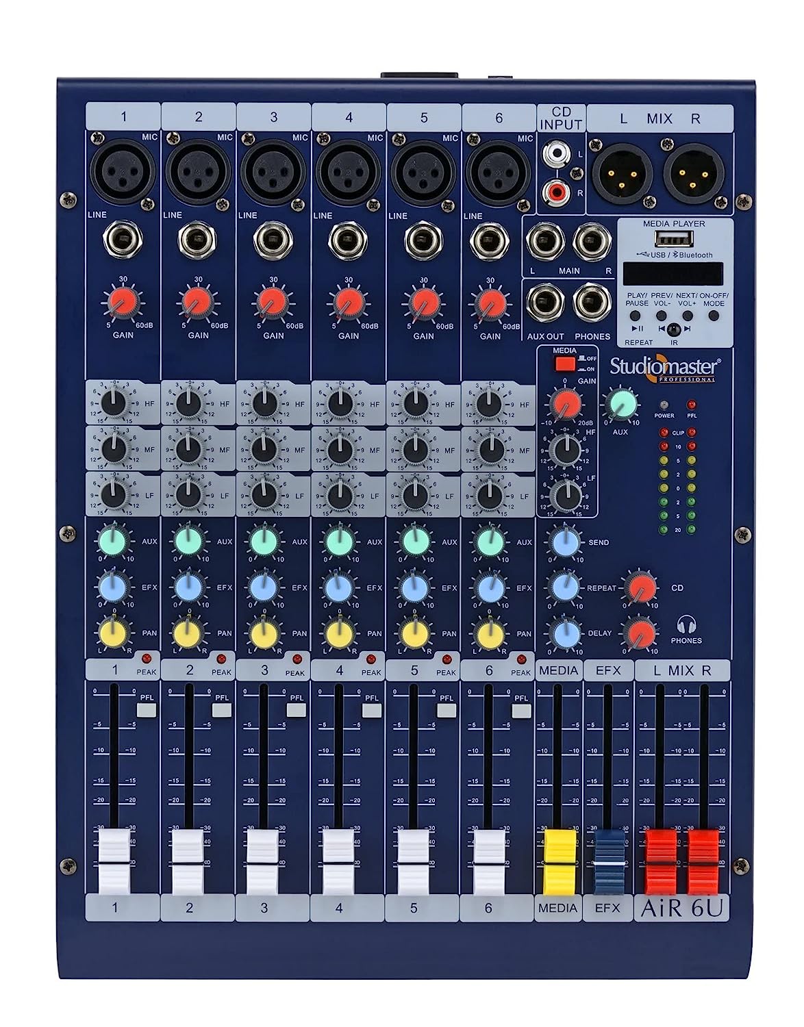 StudioMaster Professional AIR 6U Mixer 6 Channel  Bluetooth  USB Streaming & Recording Function | Remote Controller