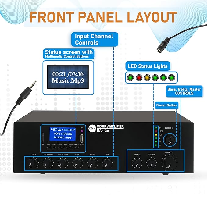 CMX EA-120 Professional 120W Tabletop Mixer Amplifier with USB Playback, Bluetooth Wireless Streaming, FM Radio, 3 MIC Inputs, 2 AUX Inputs & 70V/100V/4–16Ω Output