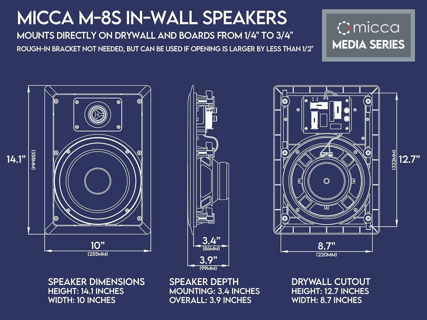 Micca M-8S 100W 8" 2-Way In-Wall Speakers  - Each