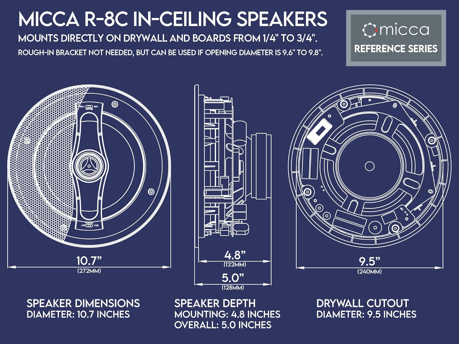 Micca R-8C Rimless 8" 120W 2-Way in Ceiling in Wall Speaker - Each