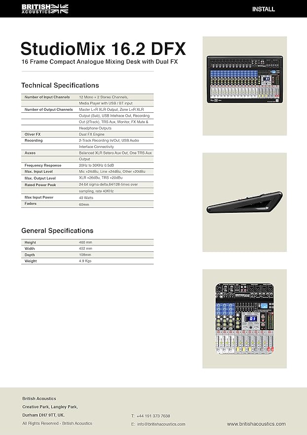 British Acoustics StudioMix 16.2 DFX - 16 Frame Analogue Mixer with Bluetooth, USB & Dual Effects.