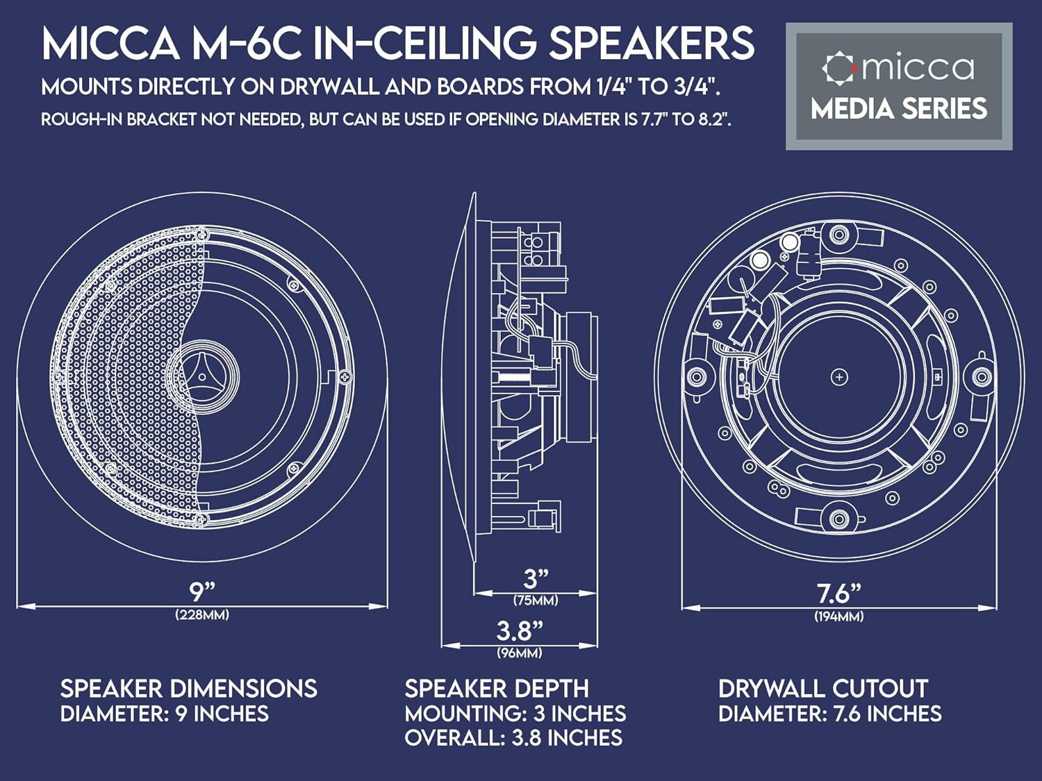 Micca M-6C 75W 6.5 " 2-Way In-Ceiling In-Wall Speaker - Each