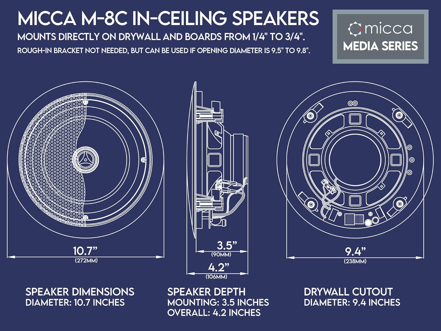 Micca M-8C 100W 8 " 2-Way In-Ceiling In-Wall Speaker - Each