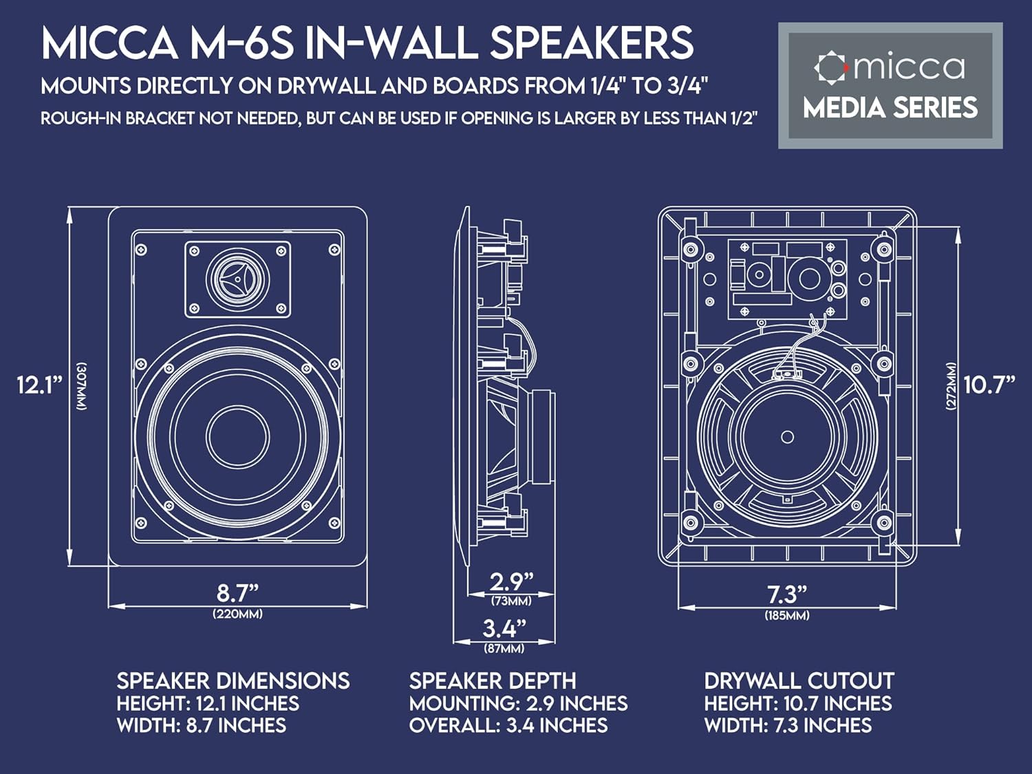 Micca M-6S 80W 6.5 " 2-Way In-Wall Speakers  - Each