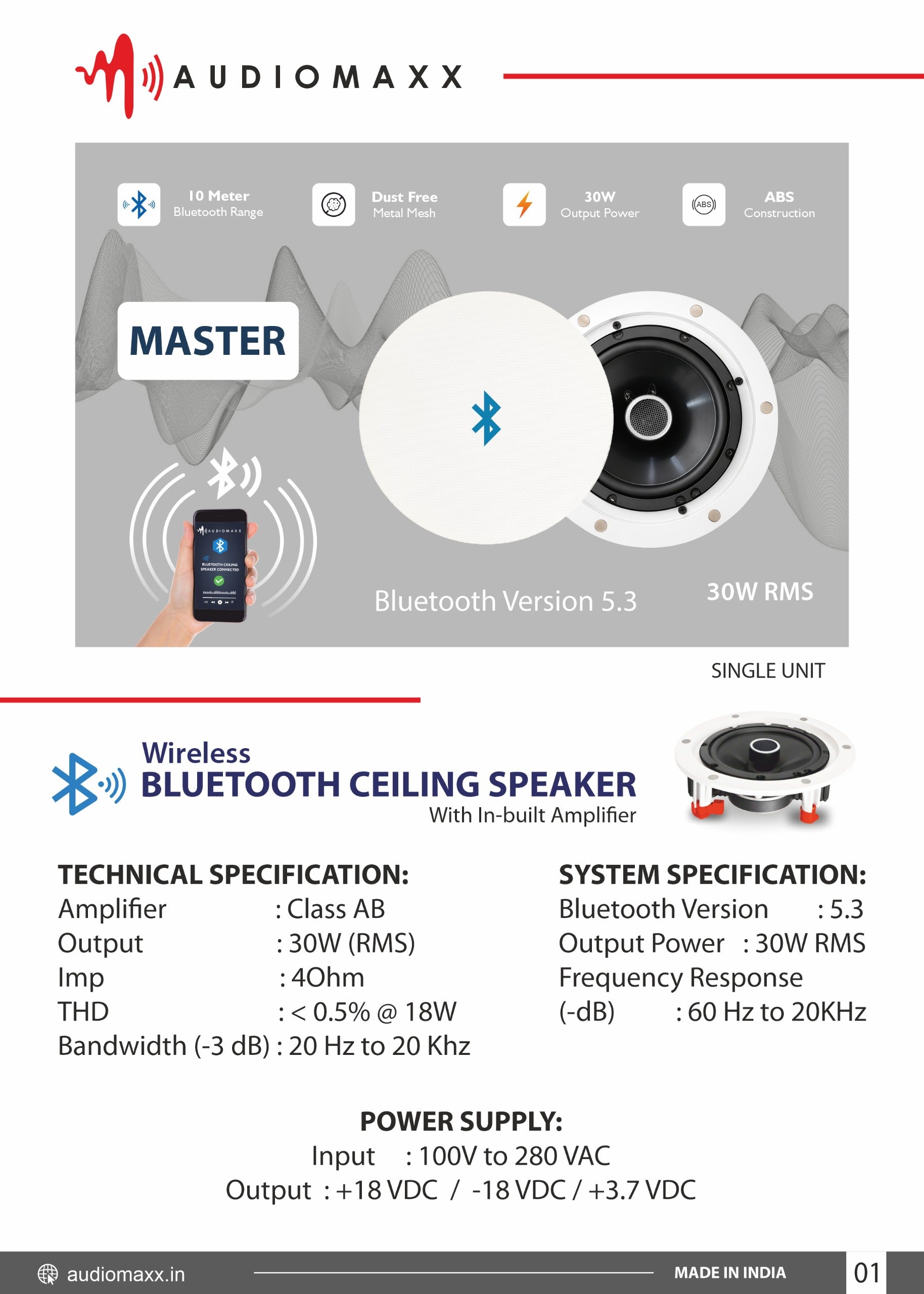 Audiomaxx - Bluetooth Ceiling Speaker 30w Output, Slim With Magnetic Grill - Audiomaxx India