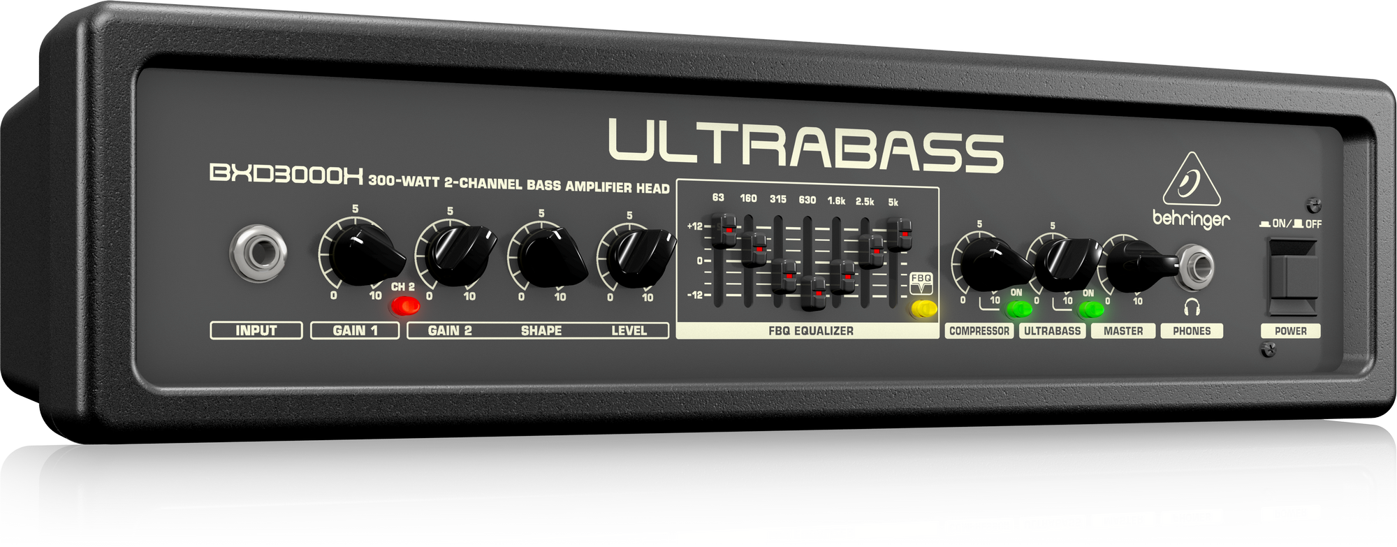 Behringer UltraBass BXD3000H Ultra-Lightweight 300W 2-Channel Bass Amplifier Head with FBQ Spectrum Analyzer, Ultrabass Processor and Compressor