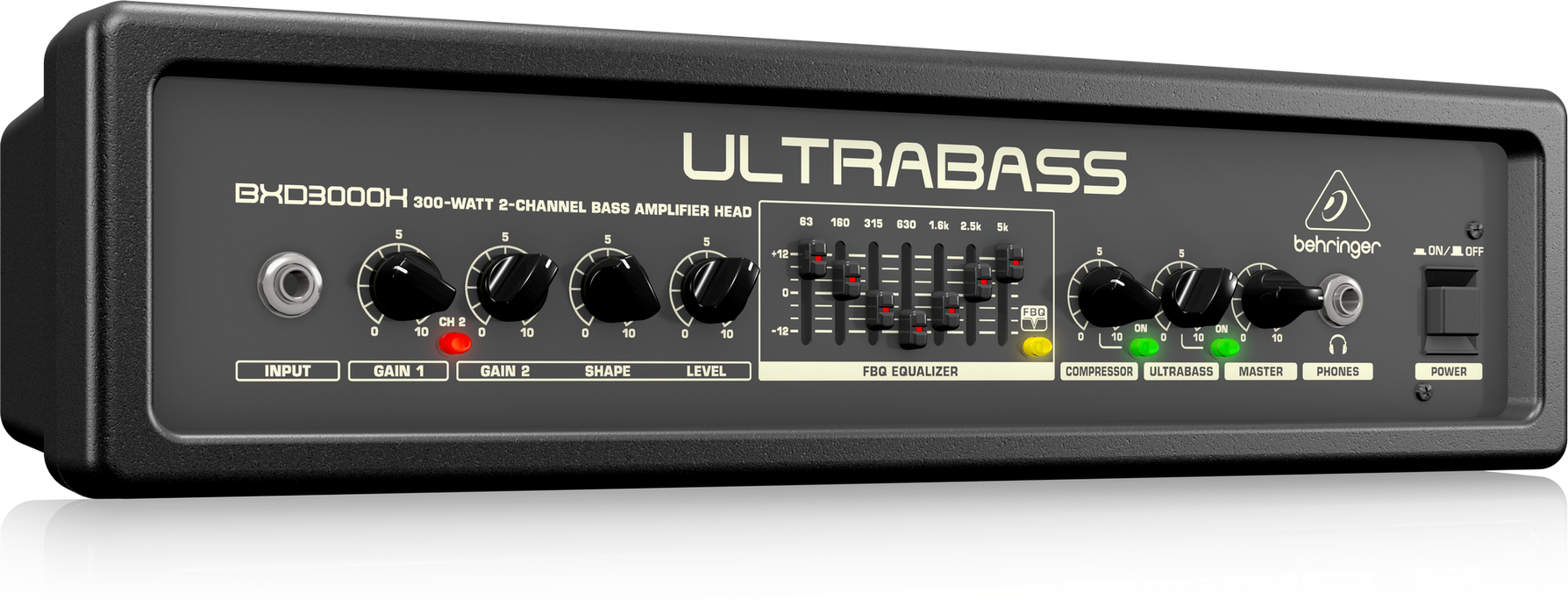 Behringer UltraBass BXD3000H Ultra-Lightweight 300W 2-Channel Bass Amplifier Head with FBQ Spectrum Analyzer, Ultrabass Processor and Compressor