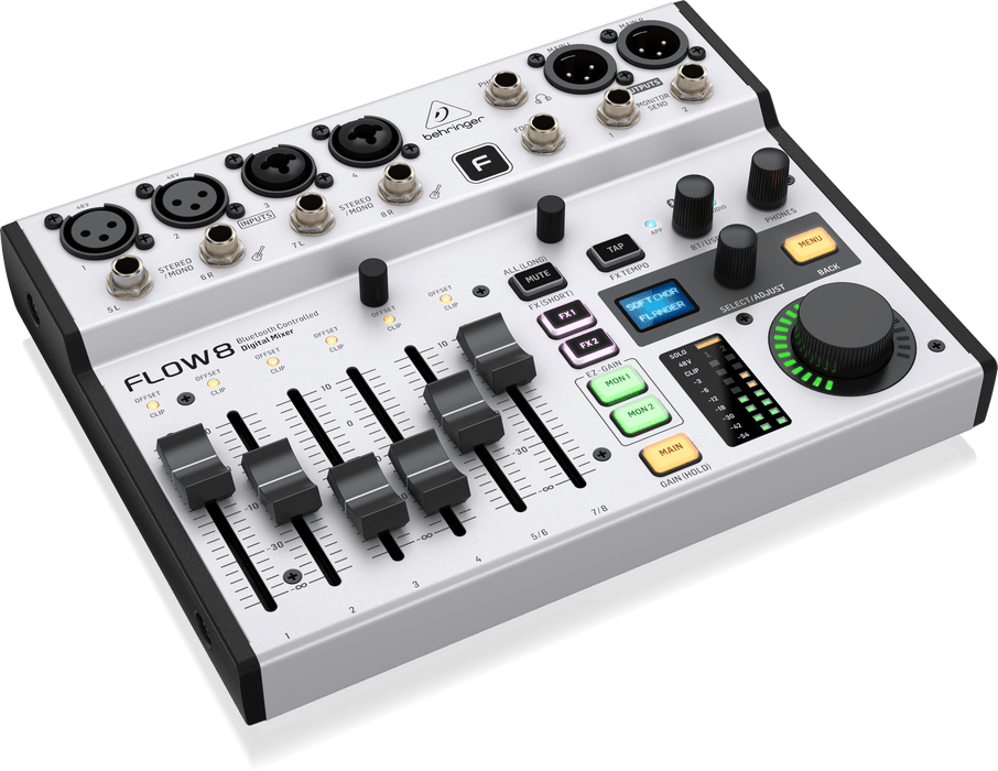 Behringer FLOW 8 8-Input Digital Mixer with Bluetooth Audio and App Control, 60 mm-Channel Faders, 2 FX Processors and USB/Audio Interface