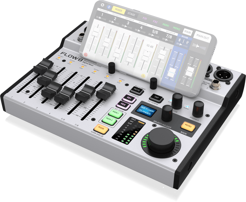 Behringer FLOW 8 8-Input Digital Mixer with Bluetooth Audio and App Control, 60 mm-Channel Faders, 2 FX Processors and USB/Audio Interface