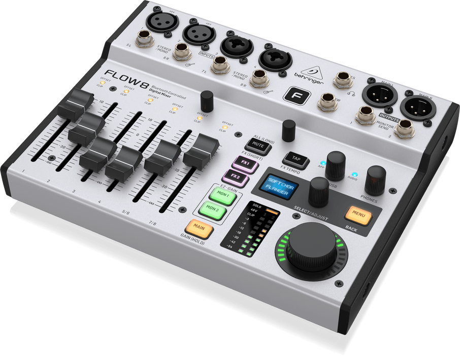 Behringer FLOW 8 8-Input Digital Mixer with Bluetooth Audio and App Control, 60 mm-Channel Faders, 2 FX Processors and USB/Audio Interface