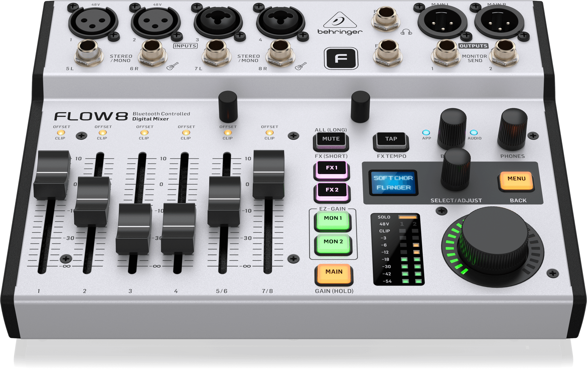 Behringer FLOW 8 8-Input Digital Mixer with Bluetooth Audio and App Control, 60 mm-Channel Faders, 2 FX Processors and USB/Audio Interface