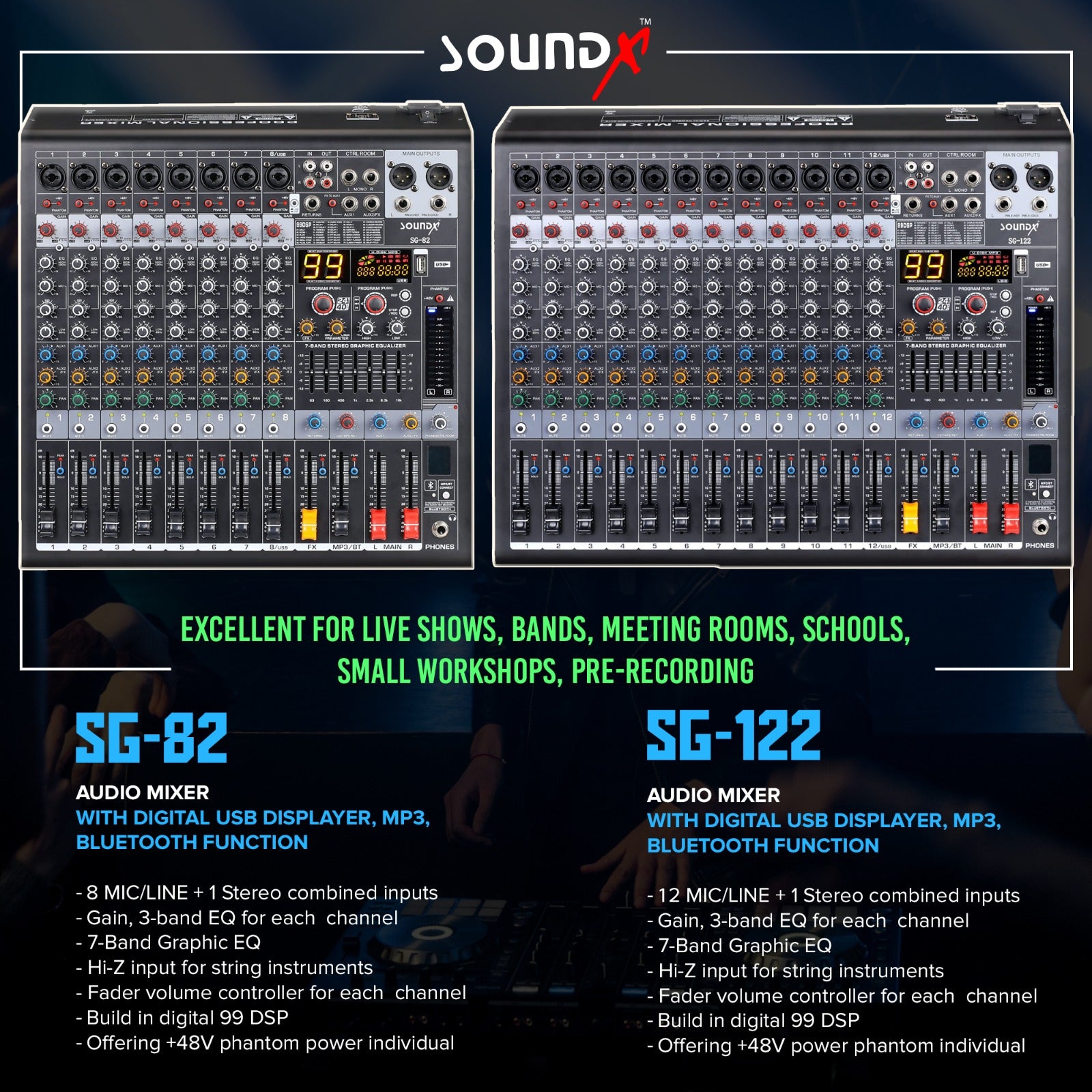 SoundX SG-82 Audio Mixer 8Ch ,8Mic,4Eq,2Aux Including Fx,Fx To Aux ,99Dsp ,Computer Interface