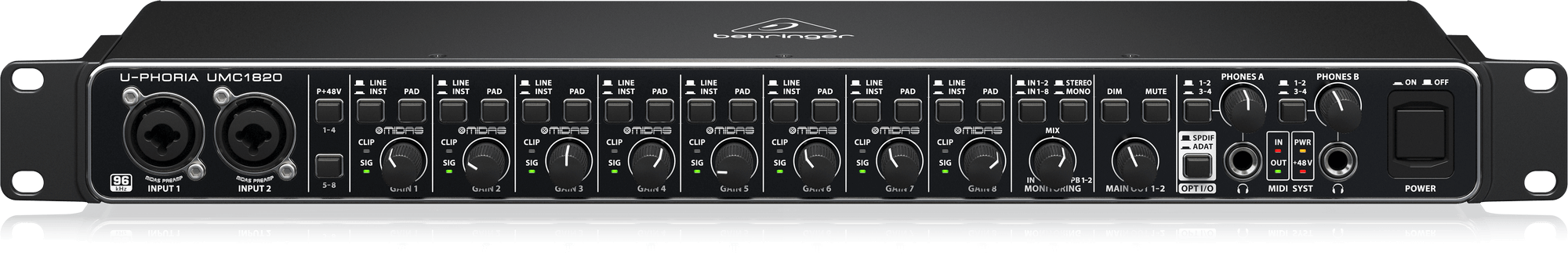 Behringer U-Phoria UMC1820 Audiophile 18x20, 24-Bit/96 kHz USB Audio/MIDI Interface with Midas Mic Preamplifiers