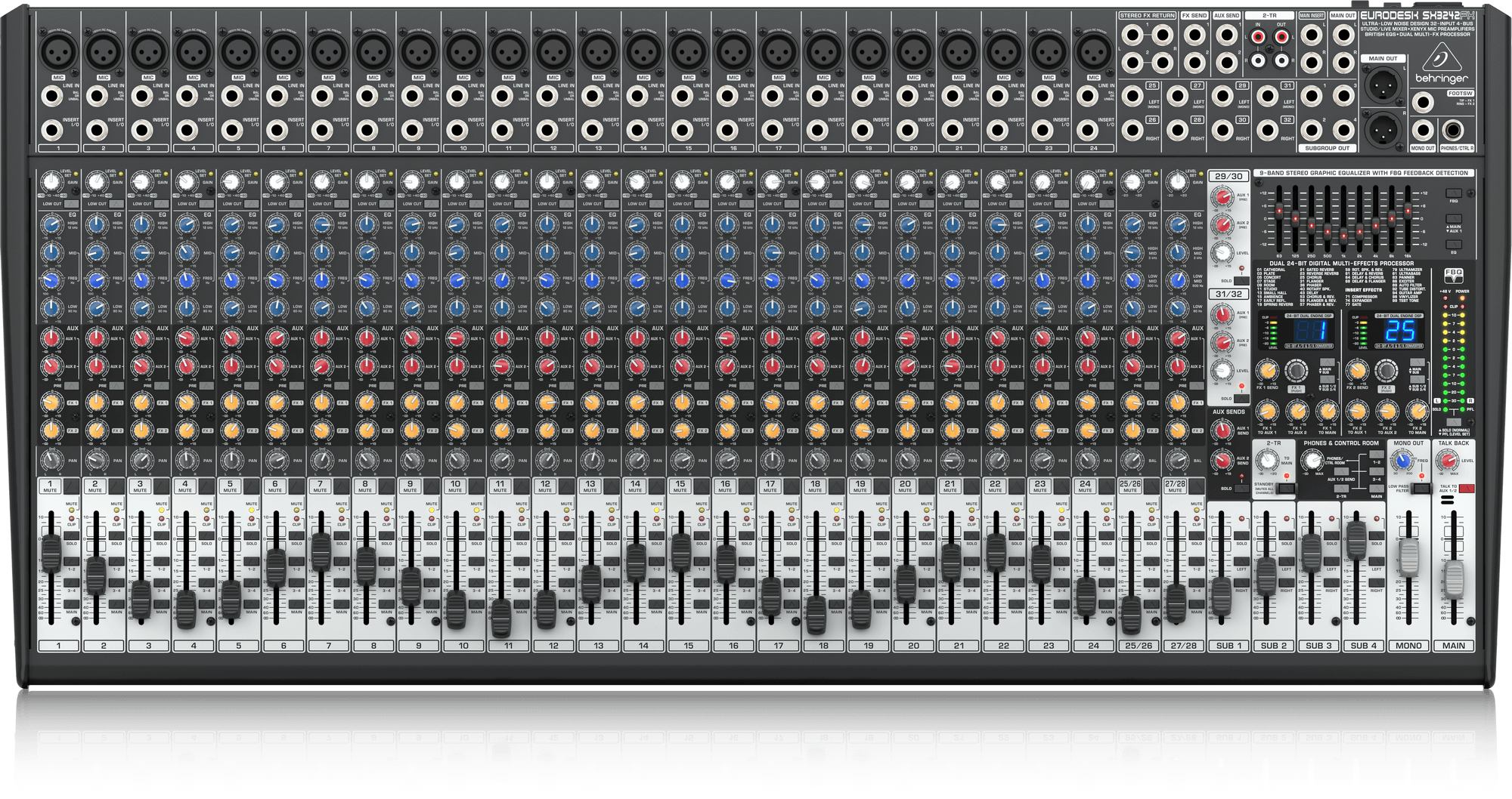 Behringer Eurodesk SX3242FX Ultra-Low Noise Design 32-Input 4-Bus Studio/Live Mixer with XENYX Mic Preamplifiers, British EQ and Dual Multi-FX Processor