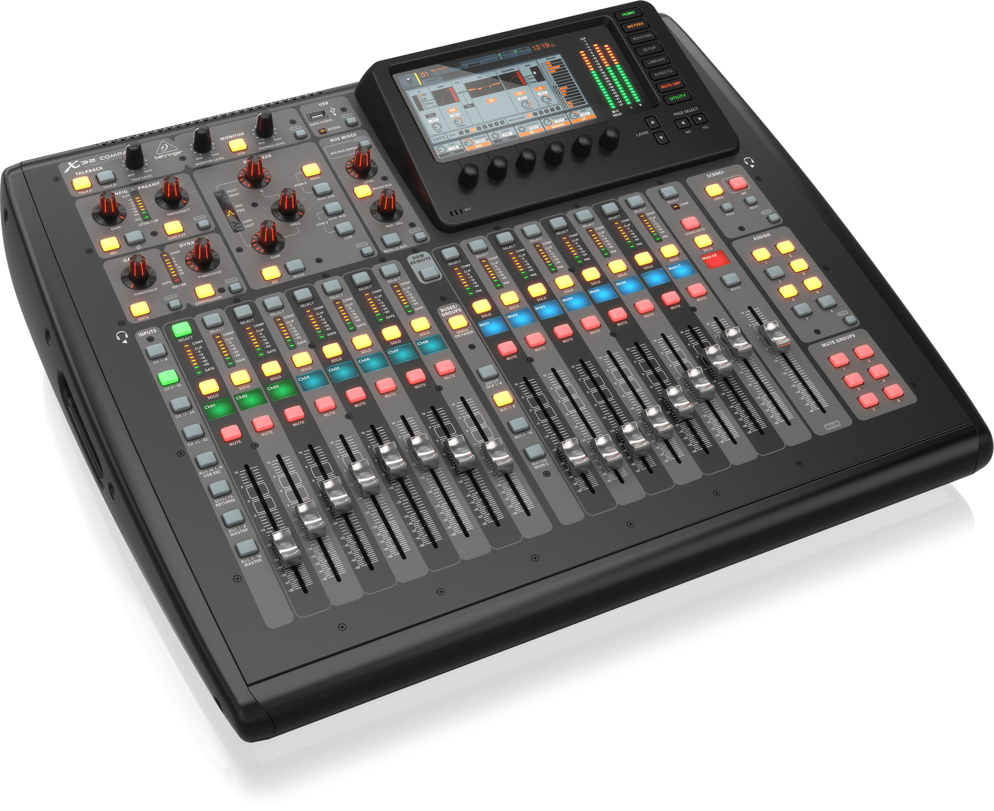 Behringer X32 Compact 40-Input, 25-Bus Digital Mixing Console with 16 Programmable Midas Preamps, 17 Motorized Faders,-Channel LCD's, 32-Channel Audio Interface and iPad/iPhone * Remote Control