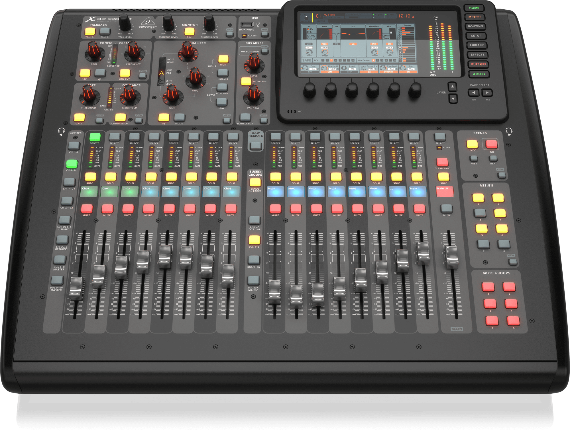 Behringer X32 Compact 40-Input, 25-Bus Digital Mixing Console with 16 Programmable Midas Preamps, 17 Motorized Faders,-Channel LCD's, 32-Channel Audio Interface and iPad/iPhone * Remote Control