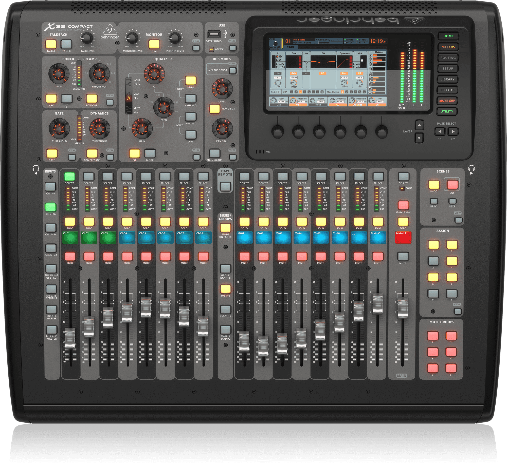 Behringer X32 Compact 40-Input, 25-Bus Digital Mixing Console with 16 Programmable Midas Preamps, 17 Motorized Faders,-Channel LCD's, 32-Channel Audio Interface and iPad/iPhone * Remote Control