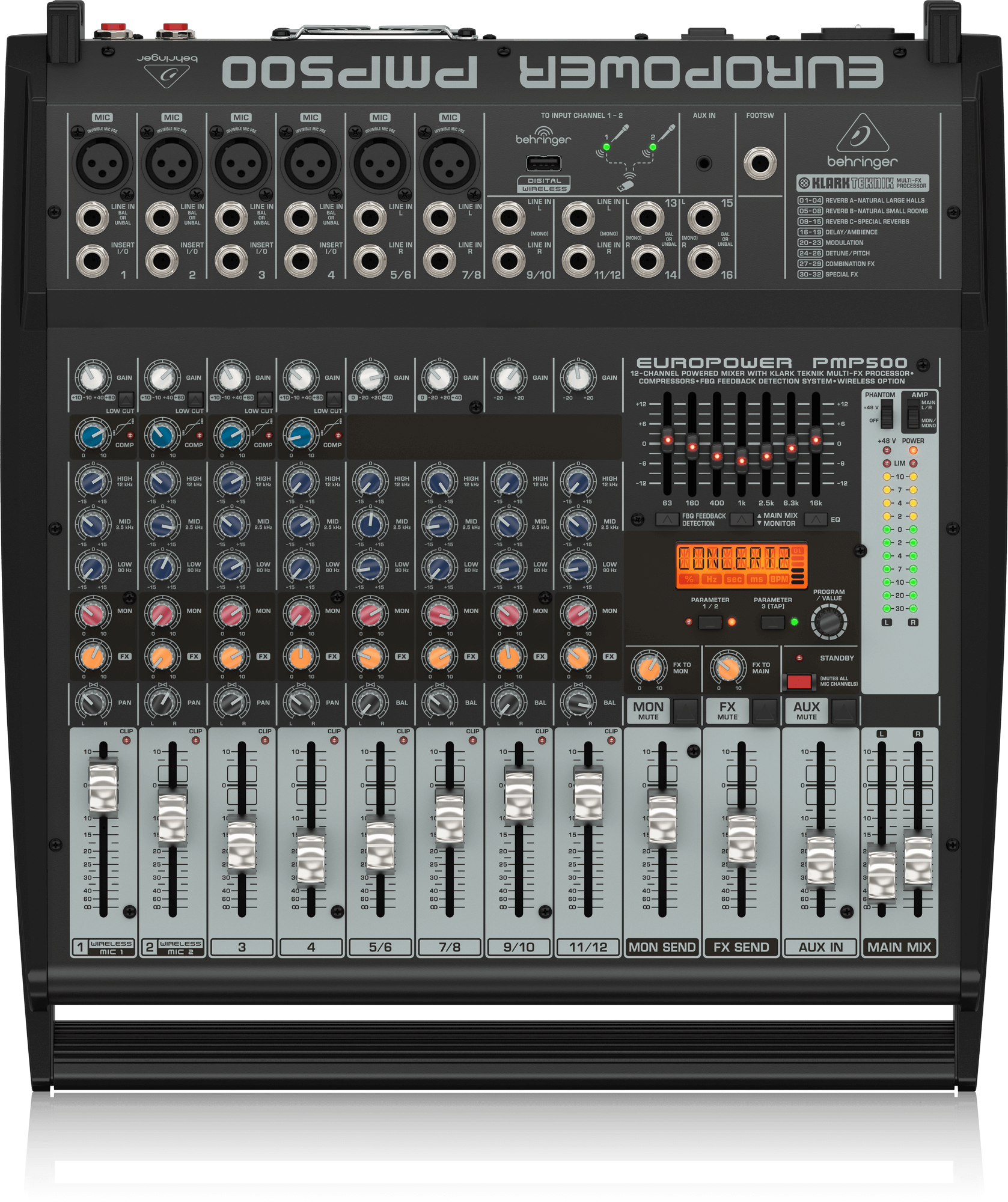 Behringer Europower PMP500 12-Channel 500W Powered Mixer With Klark Teknik Multi-FX Processor, Compressors, FBQ Feedback Detection System and Wireless Option