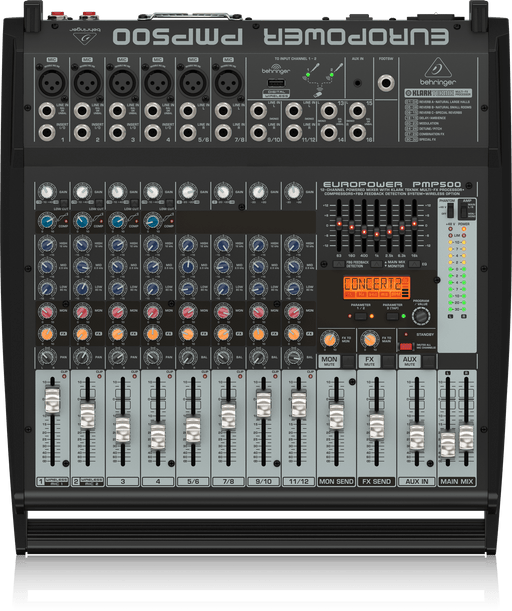 Behringer Europower PMP500 12-Channel 500W Powered Mixer With Klark Teknik Multi-FX Processor, Compressors, FBQ Feedback Detection System and Wireless Option