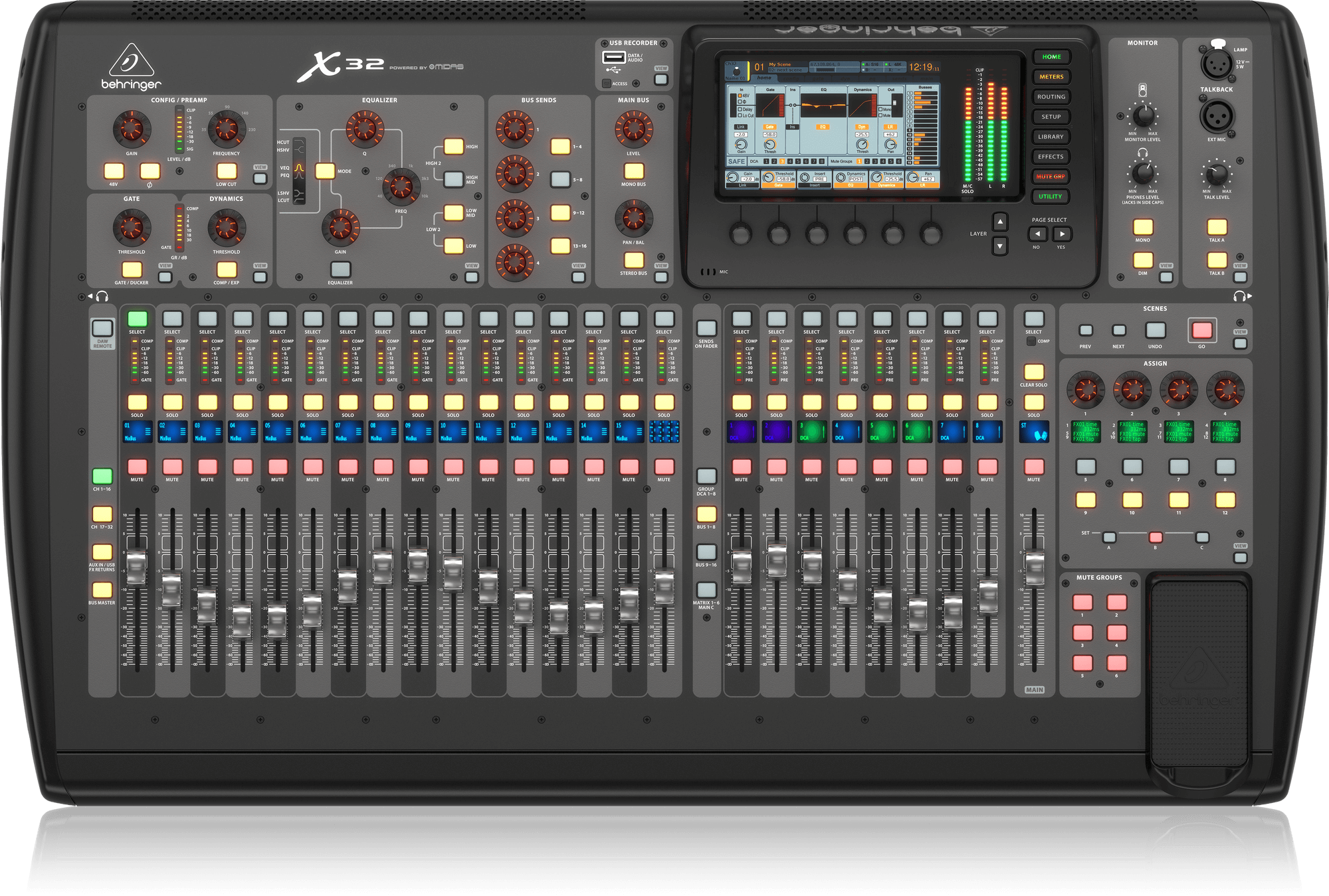 Behringer X32 40-Input, 25-Bus Digital Mixing Console with 32 Programmable MIDAS Preamps, 25 Motorized Faders, Channel LCD’s, 32-Channel Audio Interface and iPad/iPhone * Remote Control