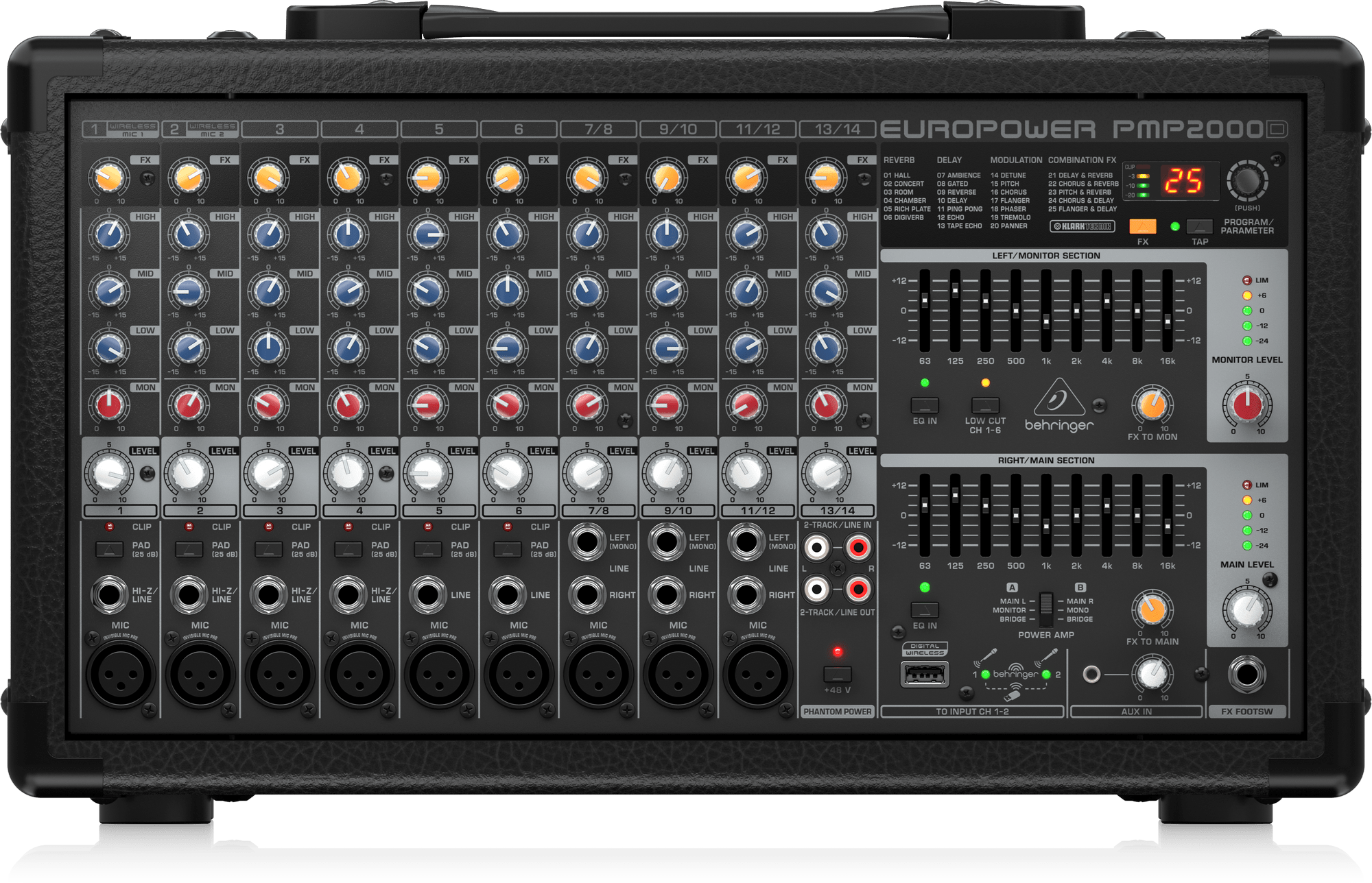 Behringer EUROPOWER PMP2000D  2000W 14Channel Powered Mixer with Klark Teknik Multi-FX Processor and Wireless Option