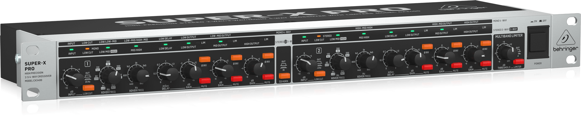 Behringer Super-X Pro CX3400 V2 High-Precision Stereo 2-Way/3-Way/Mono 4-Way Crossover with Limiters, Adjustable Time Delays and CD Horn Correction