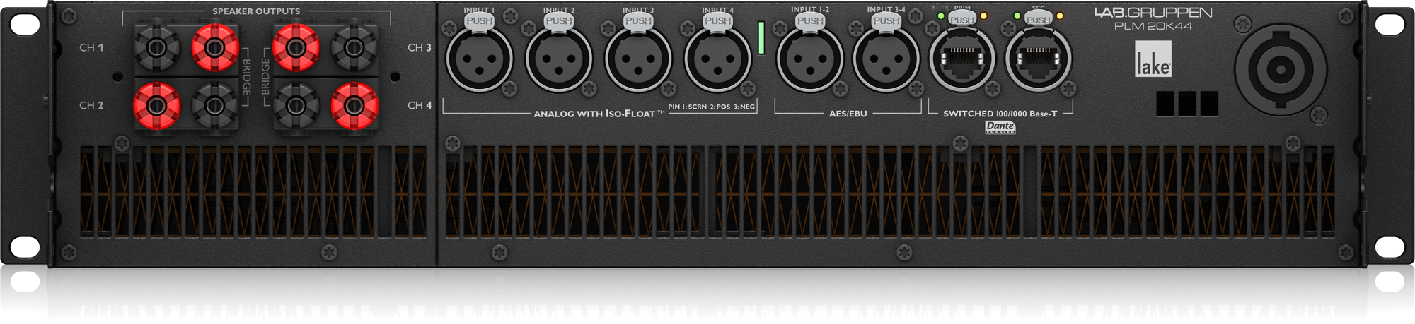 Lab Gruppen PLM 20K44 BP 20,000W 4-Channel Touring Amplifier with Lake DSP, Dante Networking, and Binding Post Output Connectors