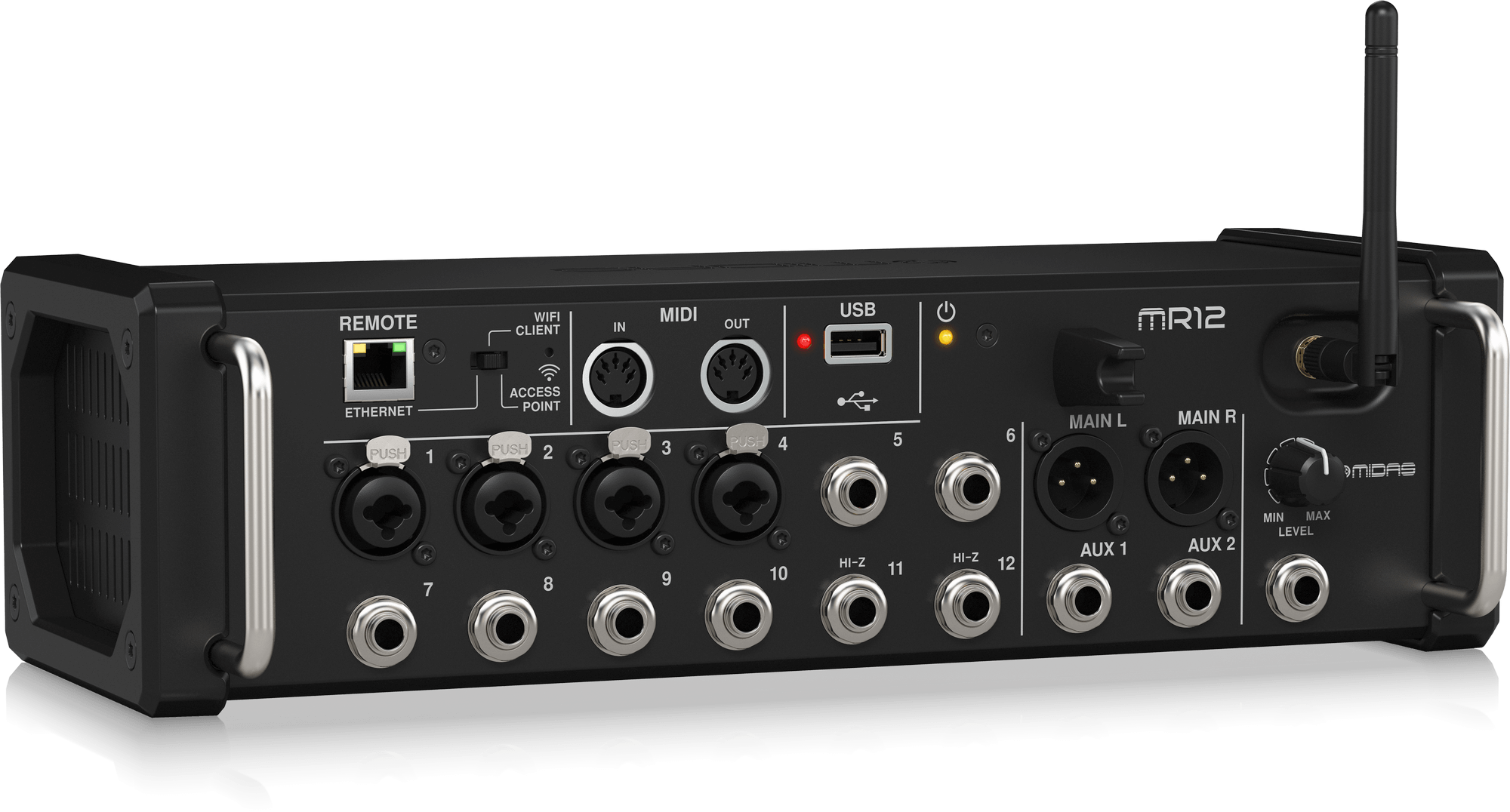Midas MR12 12-Input Digital Mixer for iPad/Android Tablets with 4 Midas PRO Preamps, 8 Line Inputs, Integrated WiFi Module and USB Stereo Recorder