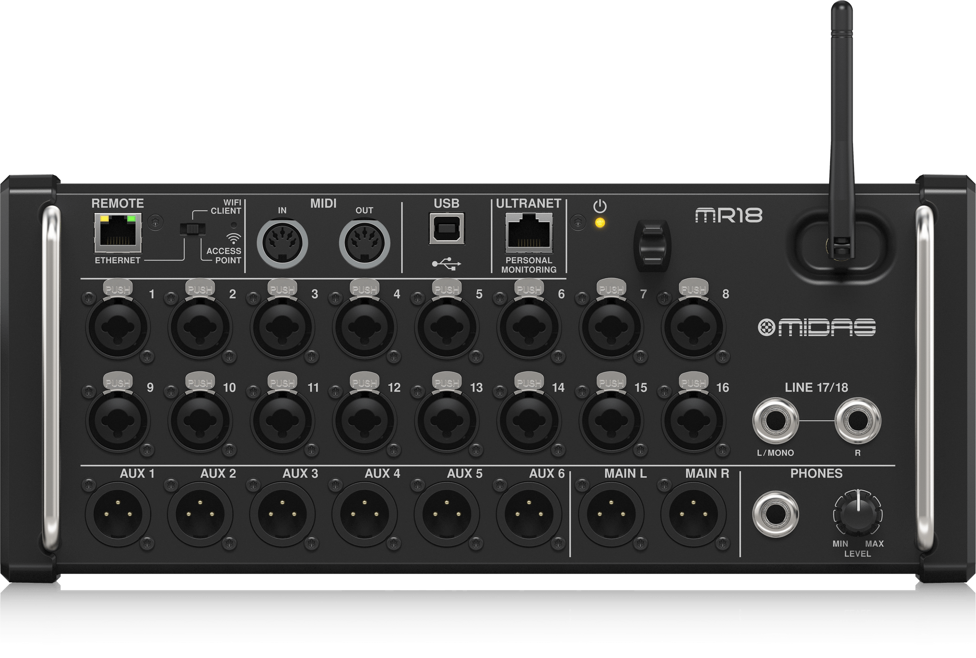 Midas MR18 18-Input Digital Mixer for iPad/Android Tablets with 16 Midas PRO Preamps, Integrated WiFi Module and Multi-Channel USB Audio Interface