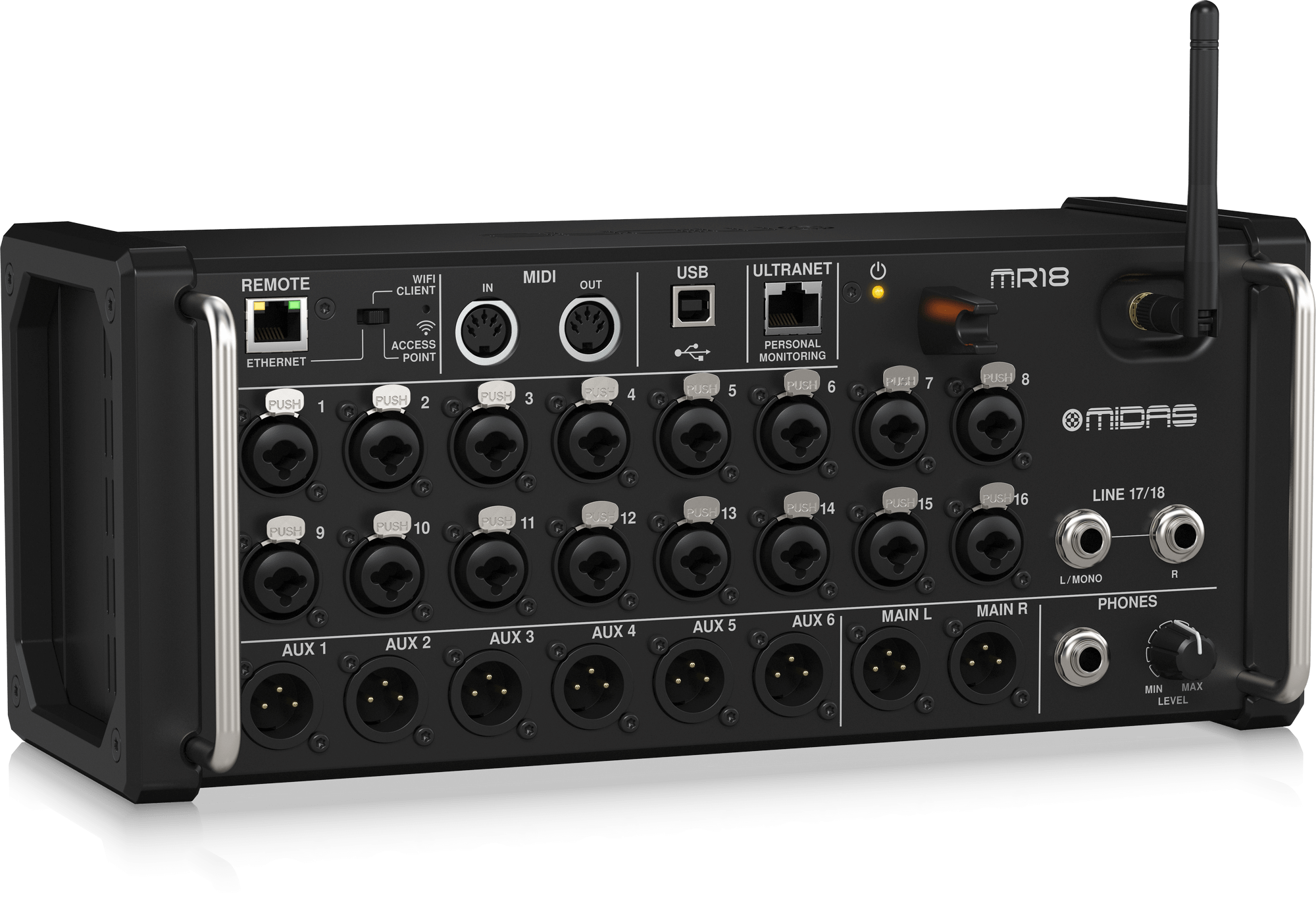 Midas MR18 18-Input Digital Mixer for iPad/Android Tablets with 16 Midas PRO Preamps, Integrated WiFi Module and Multi-Channel USB Audio Interface