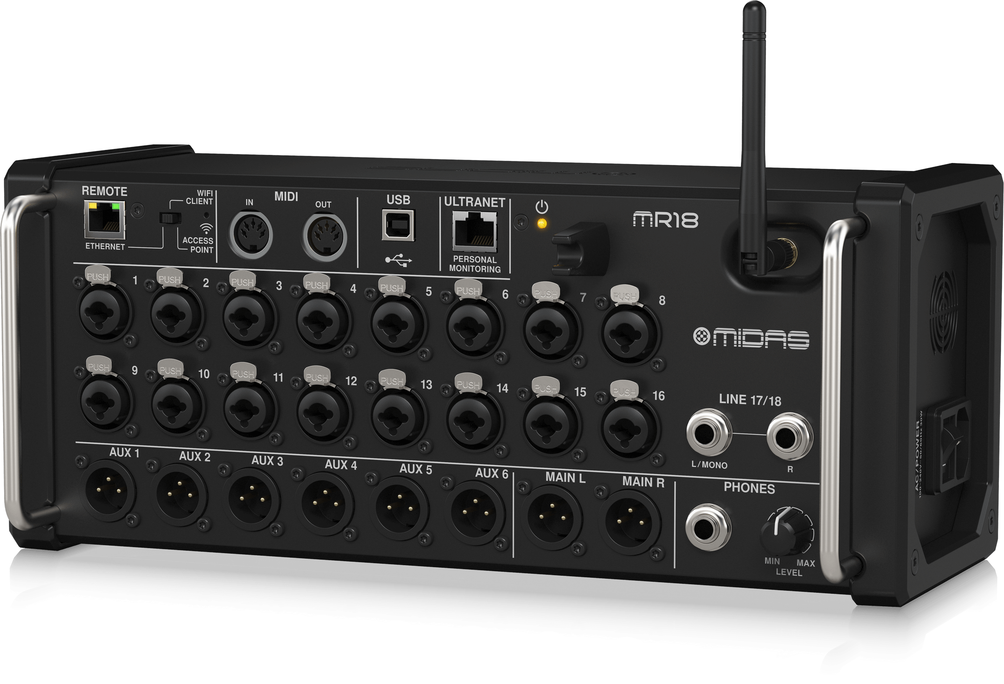 Midas MR18 18-Input Digital Mixer for iPad/Android Tablets with 16 Midas PRO Preamps, Integrated WiFi Module and Multi-Channel USB Audio Interface