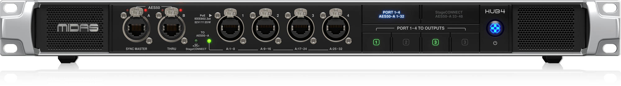 Midas HUB4 Monitor System Hub with 4 PoE Ports for Personal Mixers or Compatible Stage Boxes, 48/44.1 kHz AES50 In and Through, StageCONNECT and 16-Channel Analogue Out