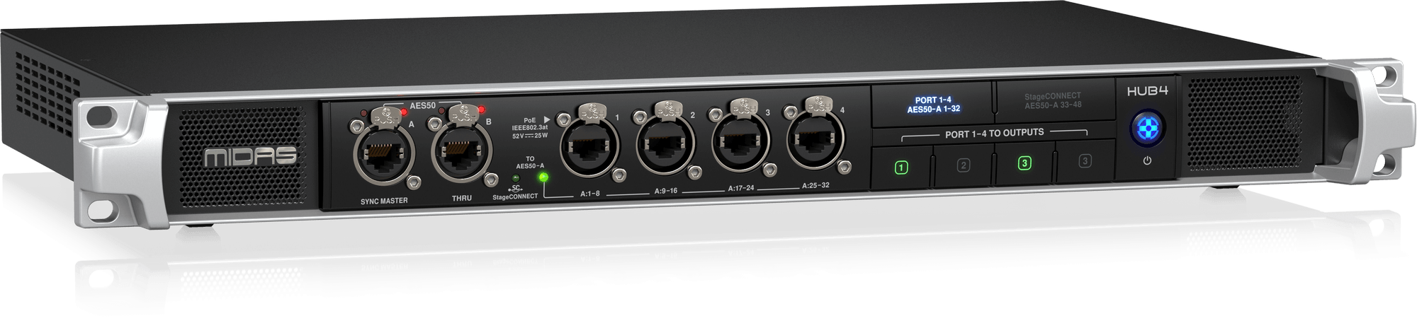 Midas HUB4 Monitor System Hub with 4 PoE Ports for Personal Mixers or Compatible Stage Boxes, 48/44.1 kHz AES50 In and Through, StageCONNECT and 16-Channel Analogue Out