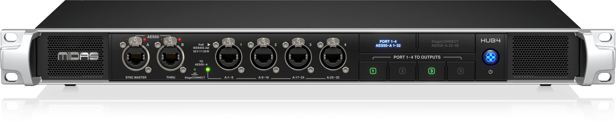 Midas HUB4 Monitor System Hub with 4 PoE Ports for Personal Mixers or Compatible Stage Boxes, 48/44.1 kHz AES50 In and Through, StageCONNECT and 16-Channel Analogue Out