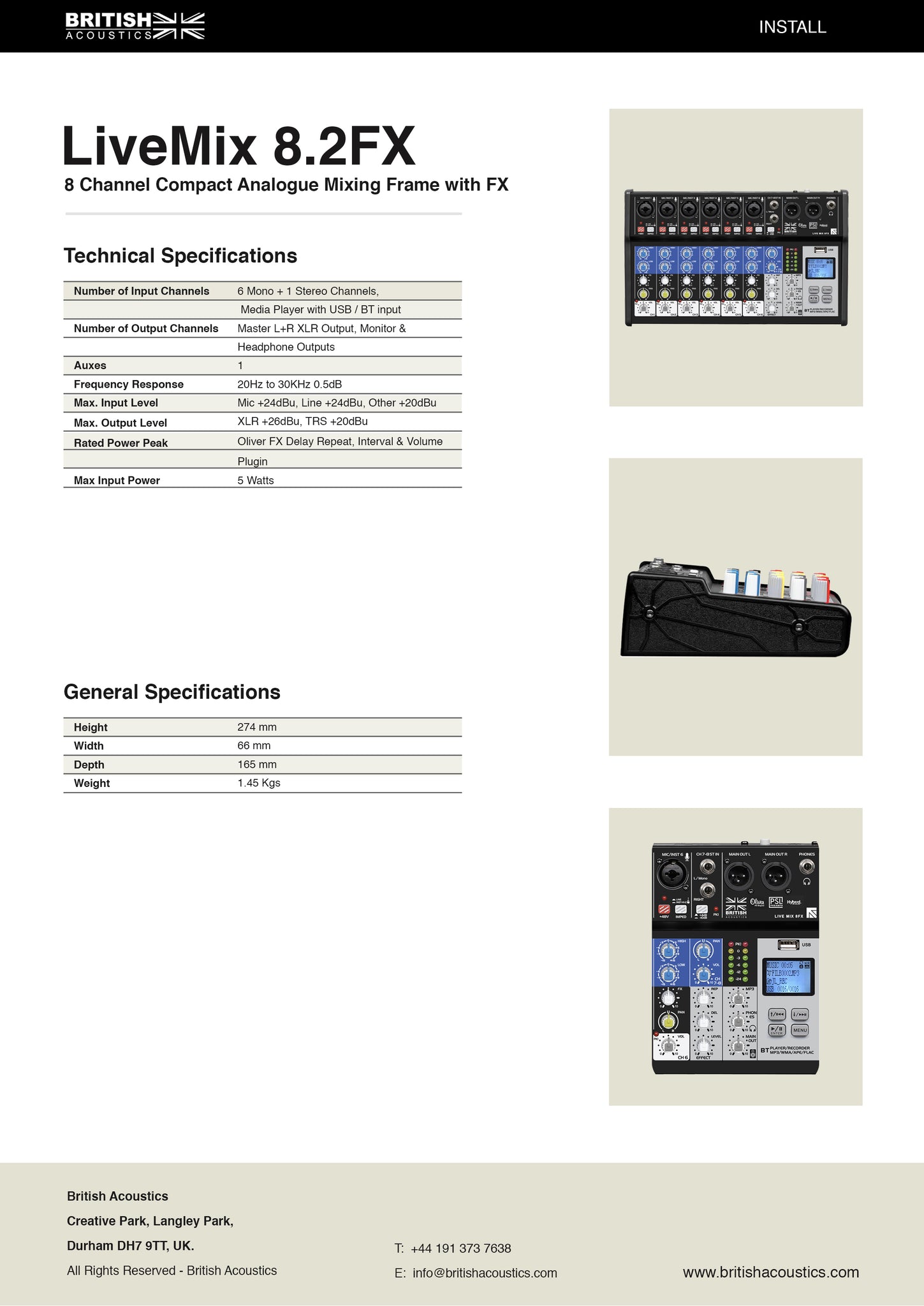 British Acoustics LiveMix 8.2FX - 8 Channel Compact Analogue Mixer with Bluetooth, USB & Effects