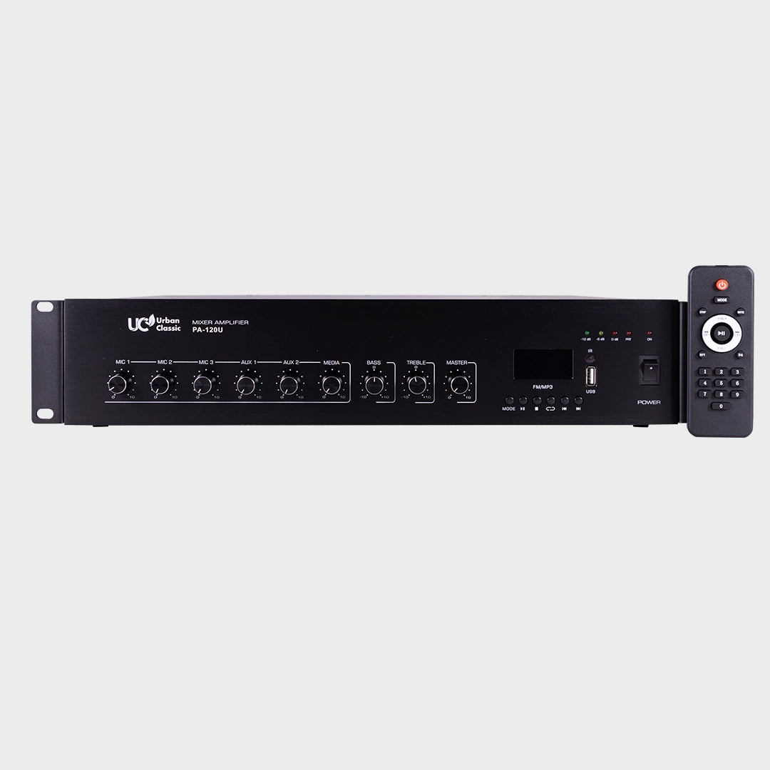 PA120 120W Mixer Amplifier with Triple Mic Input, Bluetooth, USB Playback and VOX Priority for Professional PA and Background Music Systems - Audiomaxx India
