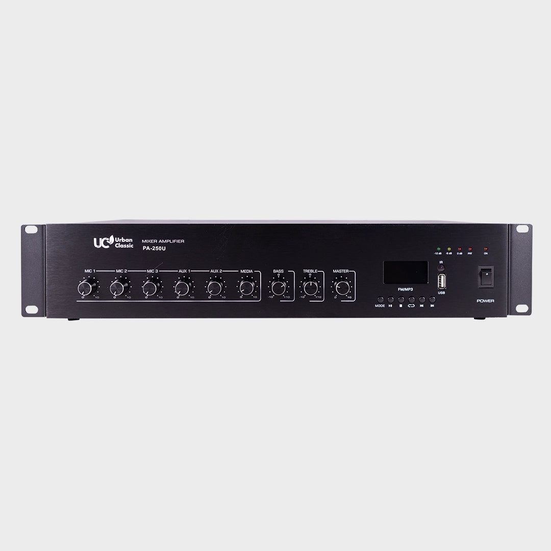 Urban Classic PA250 250W Mixer Amplifier with Triple Mic Input, Bluetooth, USB Playback and VOX Priority for High-Power PA and Background Music Systems - Audiomaxx India
