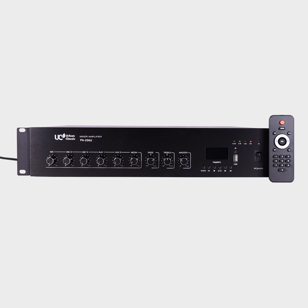 Urban Classic PA250 250W Mixer Amplifier with Triple Mic Input, Bluetooth, USB Playback and VOX Priority for High-Power PA and Background Music Systems - Audiomaxx India