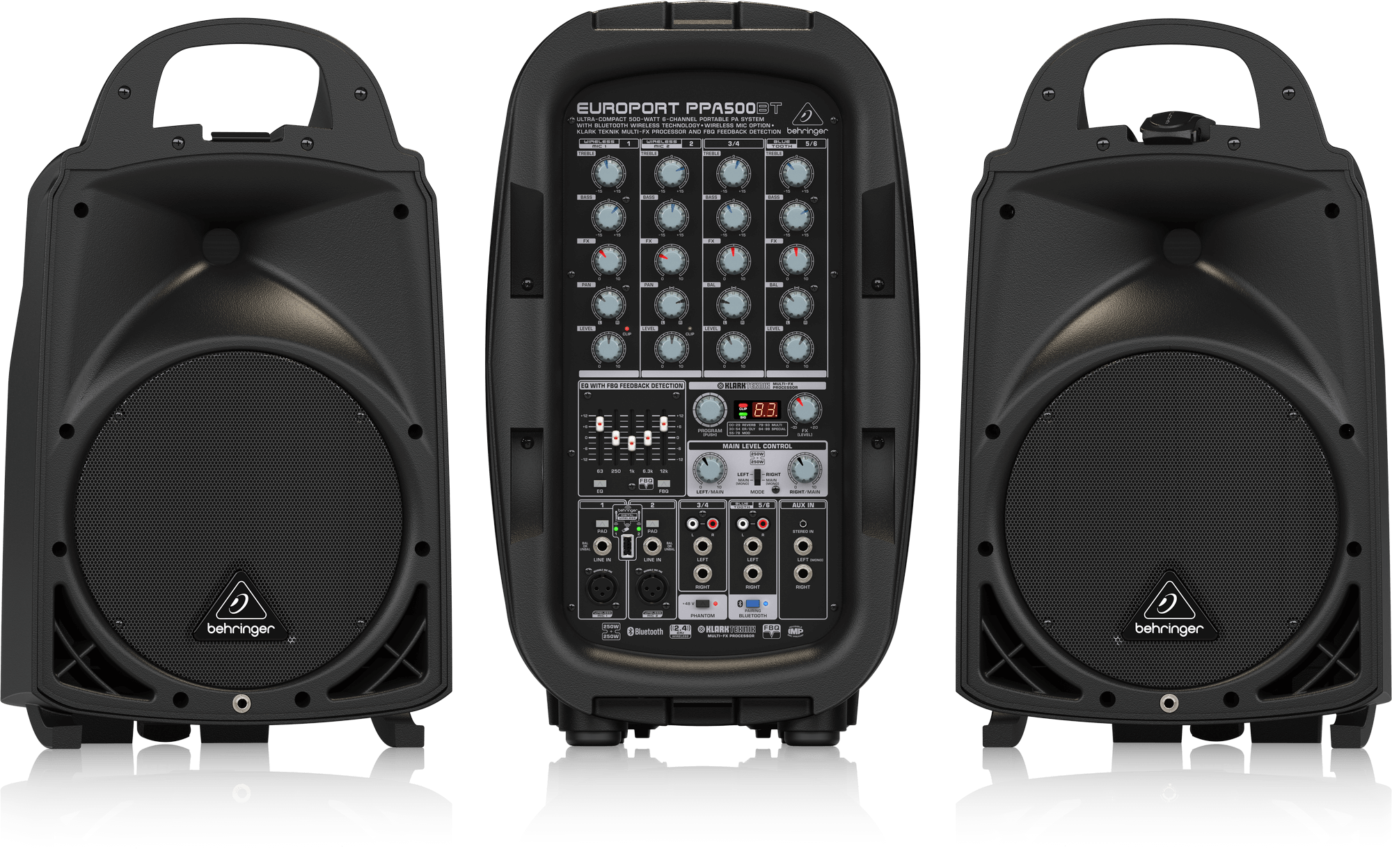 Behringer Europort PPA500BT Ultra-Compact Powered Speakers 500-Watt 6-Channel Portable PA System with Bluetooth Wireless Technology, Wireless Microphone Option, KLARK TEKNIK Multi-FX Processor and FBQ Feedback Detection