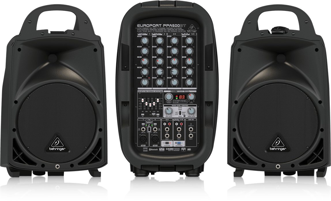 Behringer Europort PPA500BT Ultra-Compact Powered Speakers 500-Watt 6-Channel Portable PA System with Bluetooth Wireless Technology, Wireless Microphone Option, KLARK TEKNIK Multi-FX Processor and FBQ Feedback Detection